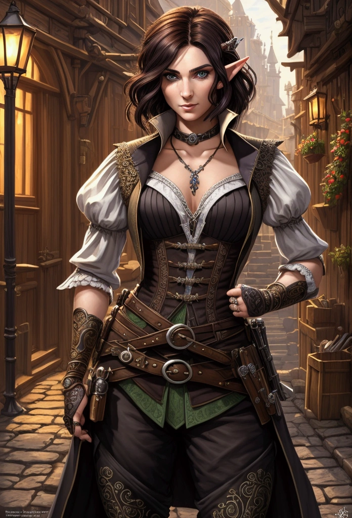 (Masterpiece, Best quality, Top quality, Intricate details, Beautiful, aesthetic:1.2), a drawing of a woman , medium shot, samdoesarts style, character art closeup, portrait of a dnd character, half elf woman, rpg book portrait beautiful woman, character portrait, 1 female elf, beautiful short dark hair, swashbuckler, rogue, dressed well, black trousers, baggy britches, and vest, a sickle hangs from her hip, daytime, crowded city streets, fantasy city, cobblestone streets,