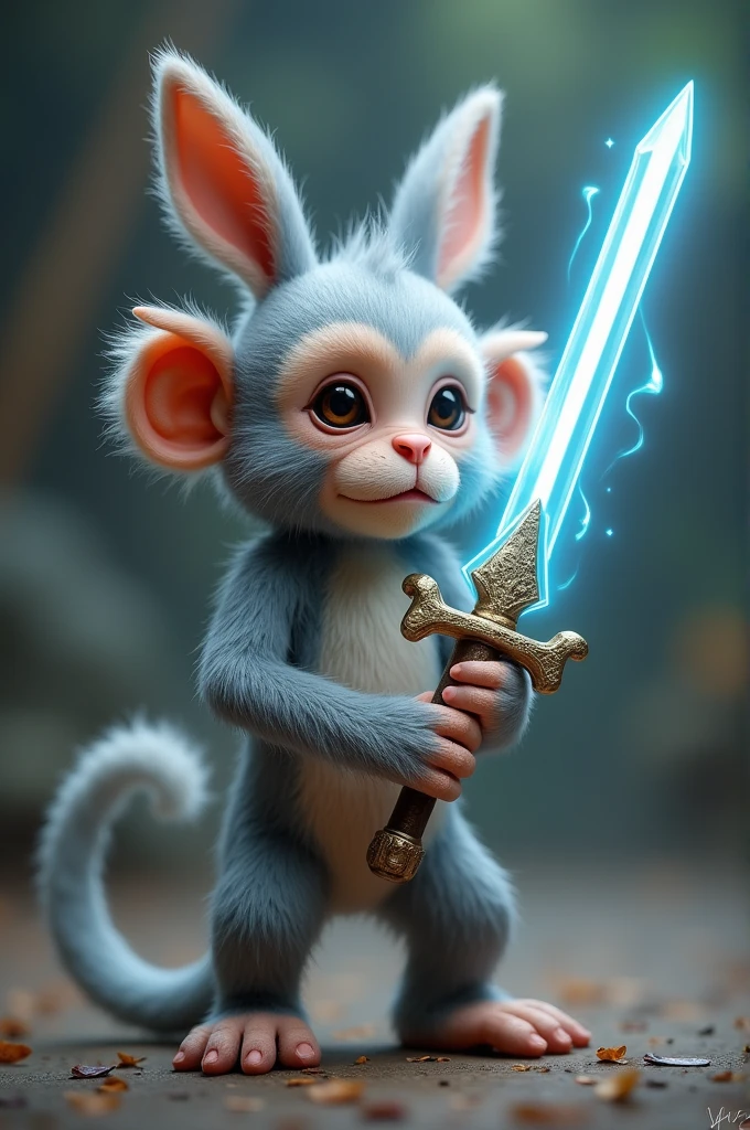 A cute little monster half monkey half rabbit, face look like monkey, have only 2 ears look like rabbit, stands with 2 legs, furry, grey furs, holds great lighting sword, no monkey ears