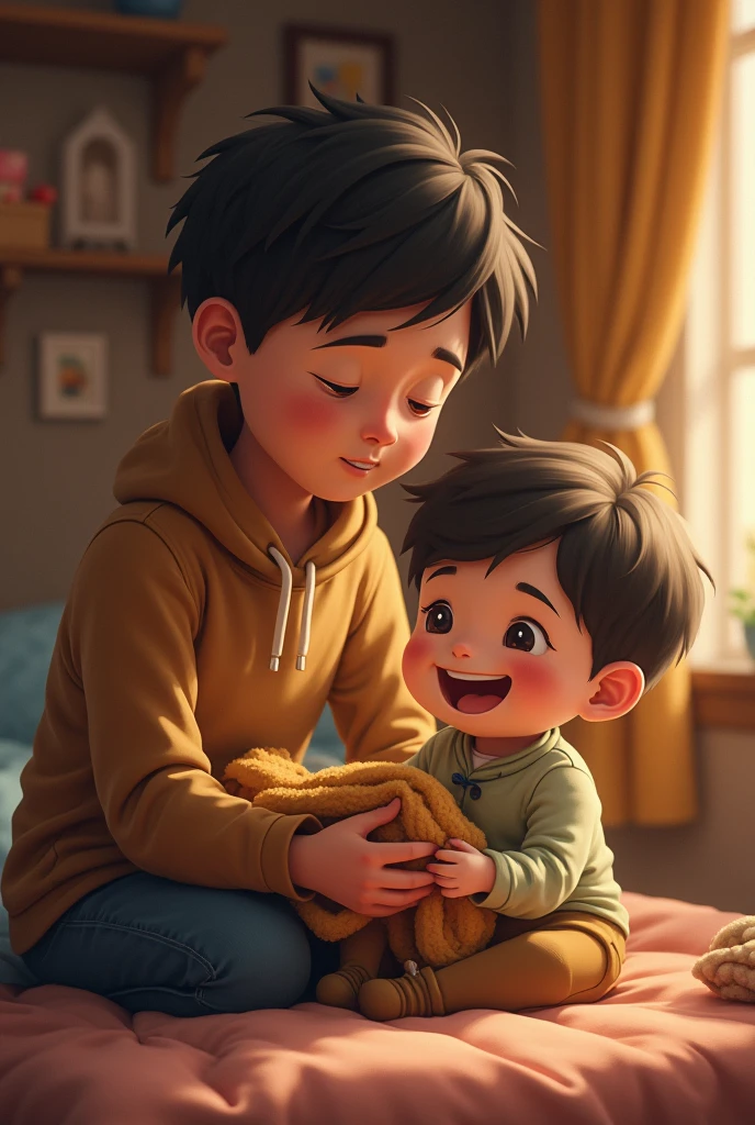 The grown-up protagonist has become a brother.,He handed the old blanket to his little brother.。The baby happily took the blanket.,The scene was full of warmth and a sense of legacy.。