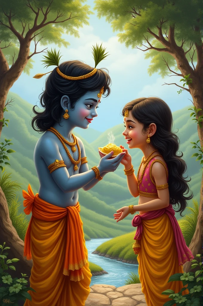 lord krishna making her daughter eat makhan by his hand