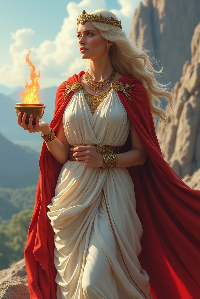 Greek Goddess Hestia holding a small pot with fire wearing white dress and red cape with hood and crown with golden necklace and bracelet front view and HALF BODY. Mountain of Olympia background