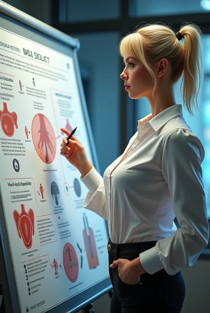 40yo,Realistic style and real body builder women, she is Blonde with short hair, she has an hourglass figure, she has a surreal, hentai-like physique, with exaggerated curves that showcase large buttocks and voluminous breasts and she is very slim photorealiste, 

On the poster, she appears in a scientist's outfit, wearing a crisp white blouse that symbolizes professionalism and rigor. Her hair is pulled back in a neat ponytail, giving her a serious yet approachable air.
She stands next to a large informative poster, featuring detailed Male genitalia and the mechanism of male genital erection and its production. Colorful graphics and clear diagrams show the different stages of spermatogenesis, making the subject understandable to all.
Her expression is engaging, and she points with a pen or laser pointer to key elements of the poster, while explaining the processes in a concise and educational way. The text is written in simple language, designed to inform and capture the audience's attention.
The poster's background is bright and attractive, with eye-catching graphic elements that underline the importance of the theme. The overall composition conveys an image that is both instructive and captivating, while at the same time emphasizing its expertise as a scientist.