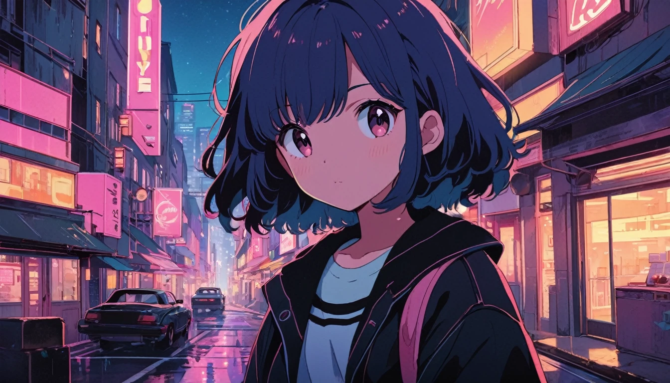 alone, lofi girl, lofi artstyle, lofi art, city, town, Anime Girl, 80s anime style, Retro, Lo-Fi, masterpiece, best quality, (extremely detailed CG unity 8k wallpaper), (best quality), (best illustration), (best shadow), absurdres, realistic lighting, (Abyss), beautiful detailed glow, art by PeterMohrBacher,