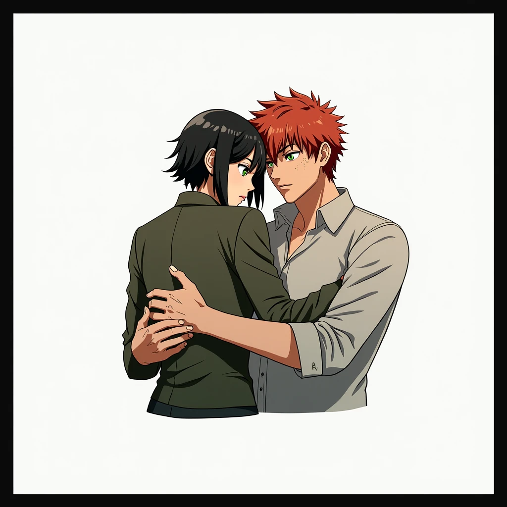  
2 people, Guy with red hair, green eyes, Freckles, hugs a woman with very short black hair, serious face, black eyes, anime art, realistically, masterpiece, Beautiful
