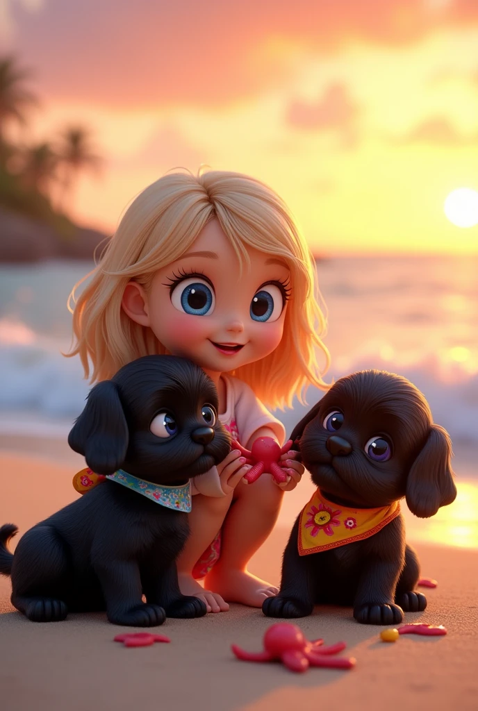 cute adorable 2 black shih tzu puppies, cute blonde girl, extremely detailed, big blue eyes, wearing colorful collar and bandana, playing with cute octopus, 3D Pixar style, at beach, sunrise in background, photorealistic, (best quality,8k,highres,masterpiece:1.2),ultra-detailed,(realistic:1.37),HDR,vivid colors,studio lighting