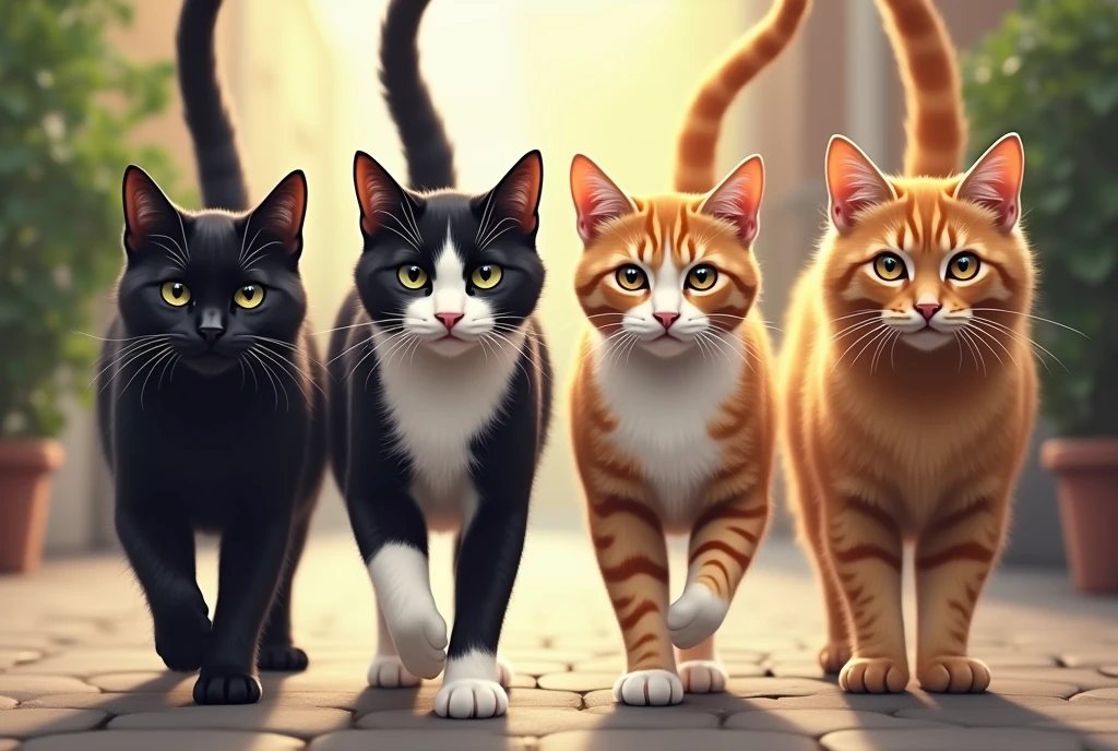 ((Highest quality)), ((masterpiece)), (detailed), 4 cats, Black cat, Tuxedo Cat, Three-haired cat, Brown Cat, looking at the camera, Walking towards here, It's wagging its tail., the way,