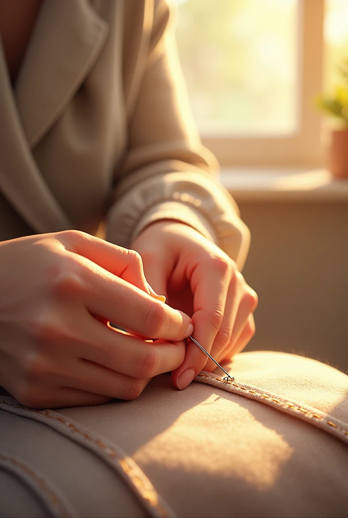 One hand holding needle and thread,Gently mending a corner。The background is a soft warm tone,Conveying the warmth of home。