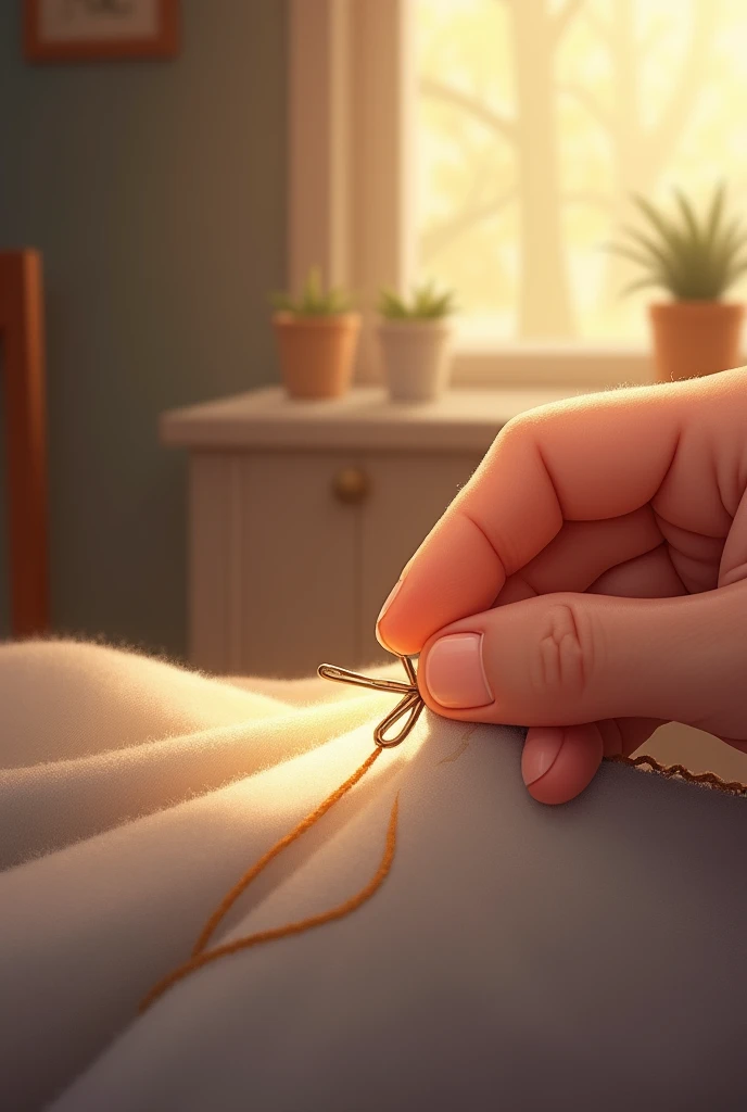 One hand holding needle and thread,Gently mending a corner。The background is a soft warm tone,Conveying the warmth of home。