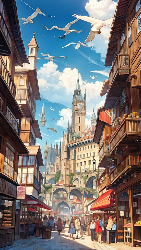 A detailed illustration of a bustling medieval port city with numerous ships docked, inspired by Renaissance maritime paintings, featuring intricate architectural details, vibrant market stalls, seagulls soaring overhead, daylight