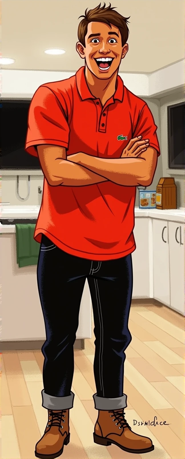A cheerful young child character in a Disney-inspired art style, wearing a bright orange polo shirt with a small green crocodile logo on the chest pocket. The child is dressed in blue jeans and stylish brown boots. The overall vibe is playful and energetic, with big, expressive eyes and a warm smile. The child’s proportions are slightly exaggerated, with a larger head and smaller body typical of Disney characters. The outfit is detailed, with the shirt having a soft texture and the jeans slightly rolled at the bottom. The character exudes joy and innocence, ready for adventure