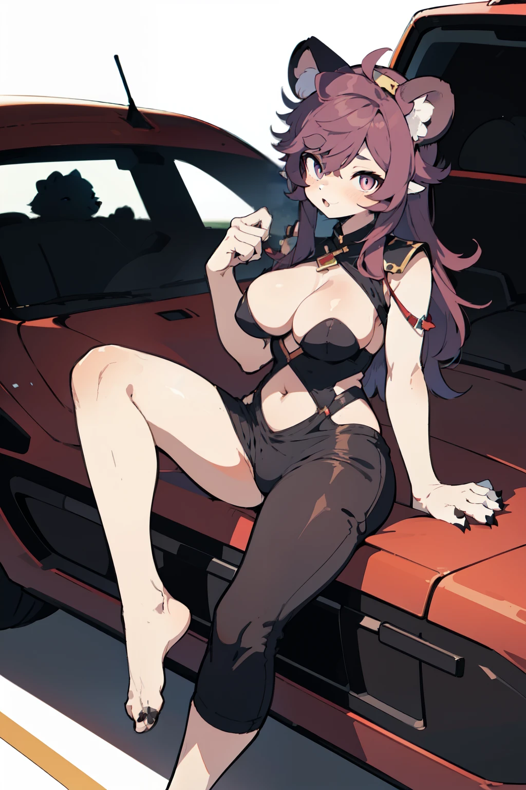 A  (disproportionate breasts) bear ears, maroon hair, cat in her lap,feet up, bare feet, (sexy outfit), coxas enormes, bear paws
purple eye, standing, on top of a car, sexy clothes, 