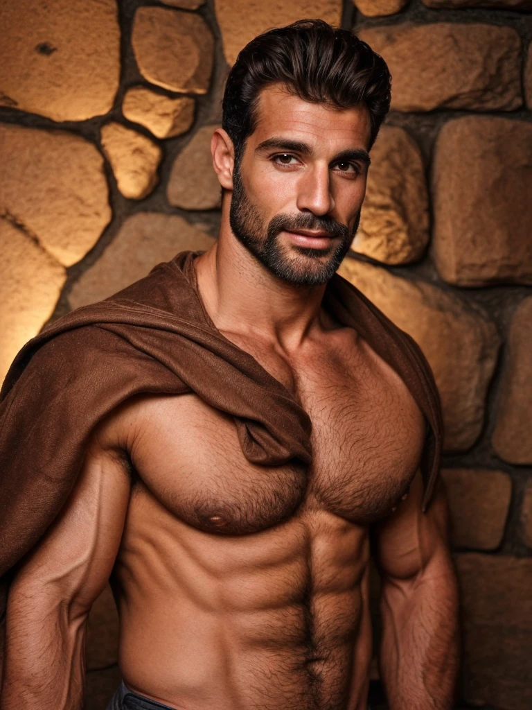 hair, italian man, portrait of a ruggedly handsome paladin, muscular, half body, masculine, mature, Retrato de un joven, Muscular very handsome and attractive Arabian warrior, A 40 years old male, Retrato de un joven, Muscular, real, no shirt, night, rock city