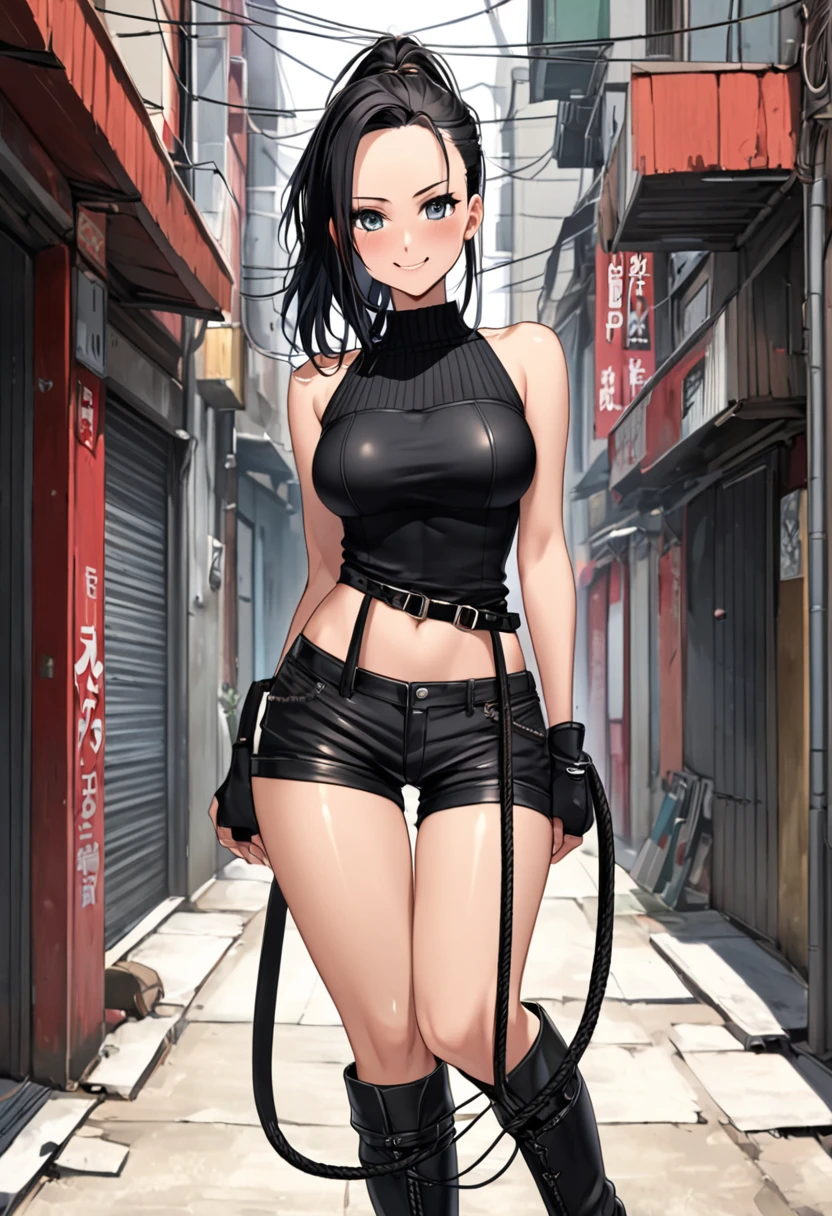 ｛Highest quality｝｛1 female, 25 years old｝｛Fighter｝｛Black Hair、Long Hair、ponytail｝｛forehead、Forehead｝｛Big Breasts｝｛Grey Eyes、Slanted Eyes、Squint your eyes｝｛Holder neck knit｝｛Black leather-look low-rise shorts、Knee-high boots｝｛Umbilical cord、Shoulder Bare｝｛strong｝｛alley｝Parted bangs, ｛High leg｝｛A seductive smile｝｛blush｝