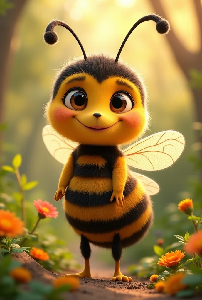 a female bee mascot with a gentle, sweet, and low smile