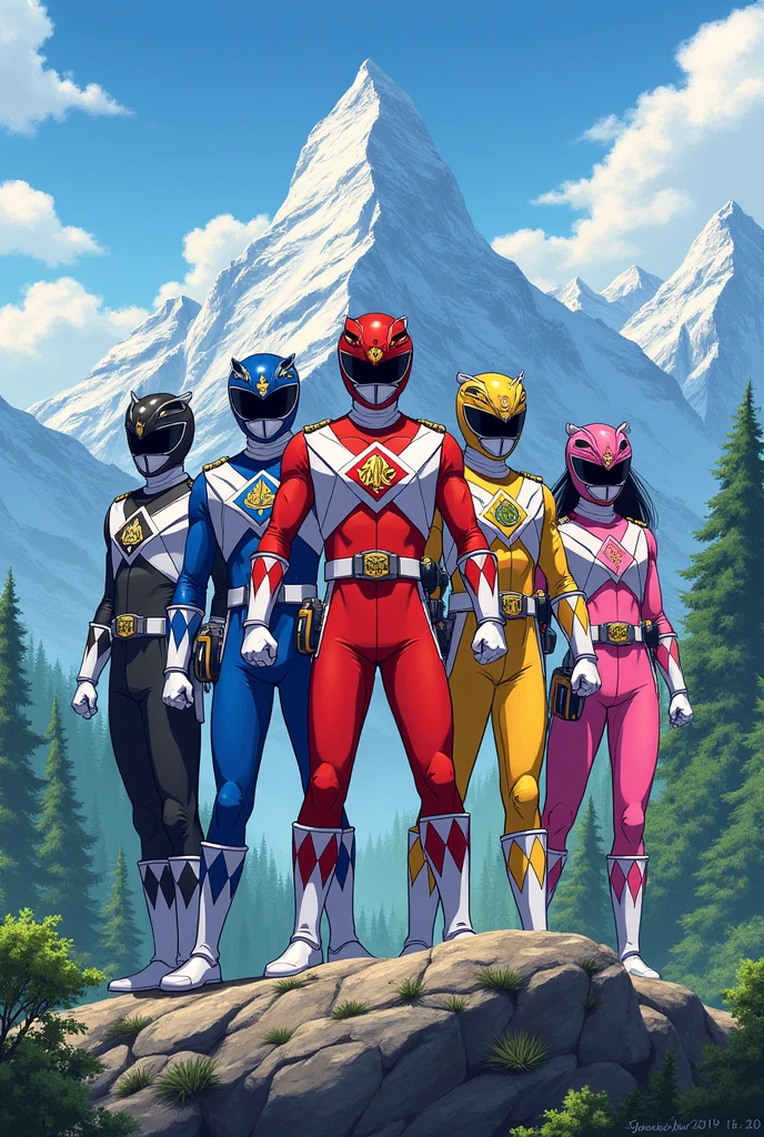 Super Sentai, Mountain motif, Group of 5, 1st person red, 2nd person blue, 3rd person yellow, 4th person black, 5th person pink