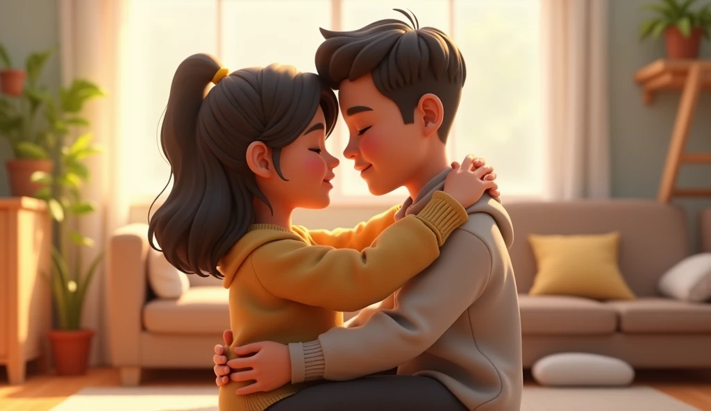 3D animation style.'A young couple cuddles in a simple room，The background is simple furniture"