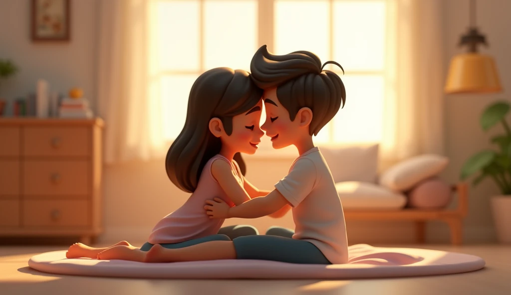 3D animation style.'A young couple cuddles in a simple room，The background is simple furniture"
