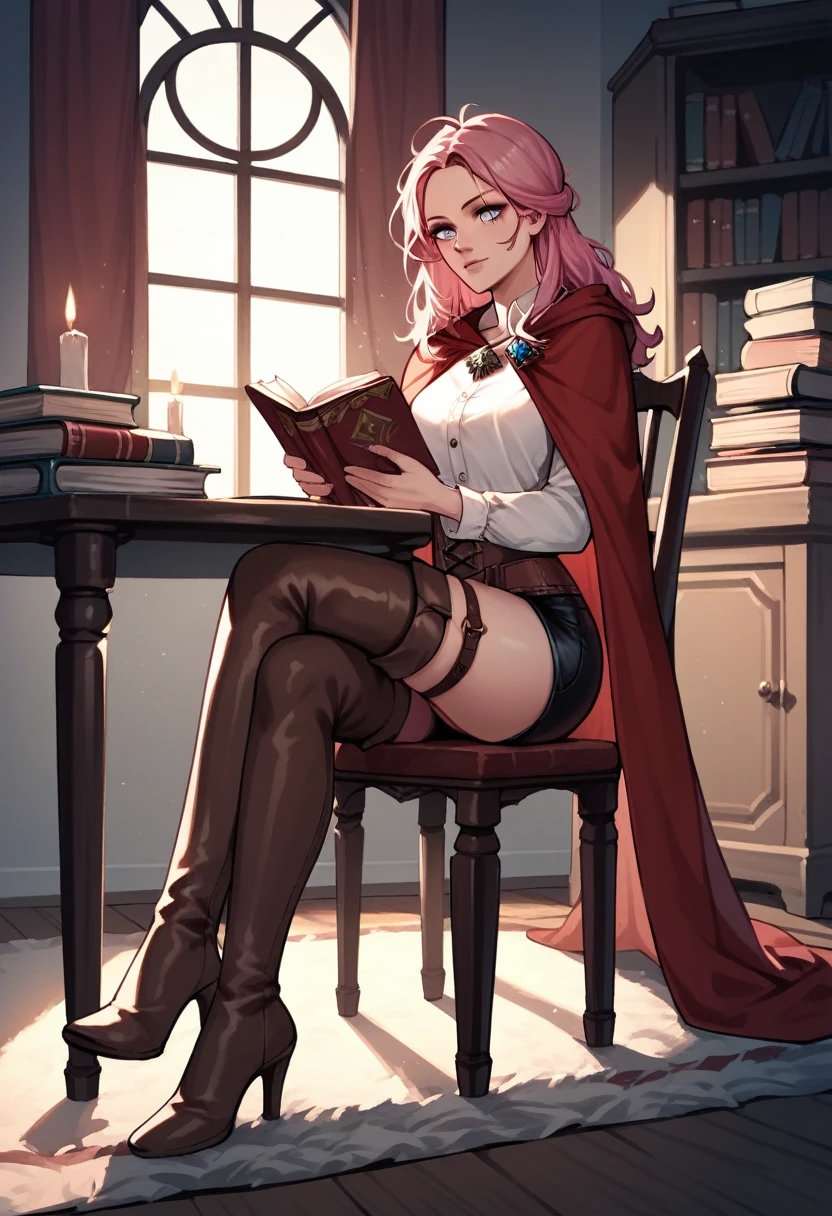 score_9, score_8_up, score_7_up, score_6_up, score_5_up, score_4_up, source_anime, 1girl, sit, chair, Witcher hat, The red cloak, pink hair, long hair, white eyes, crossed legs, messy hair, black shorts, brown thigh high boots, straps on boots, heels, books, table, night, carpet, reading book, rooms, best quality, best res, 4K UHD,