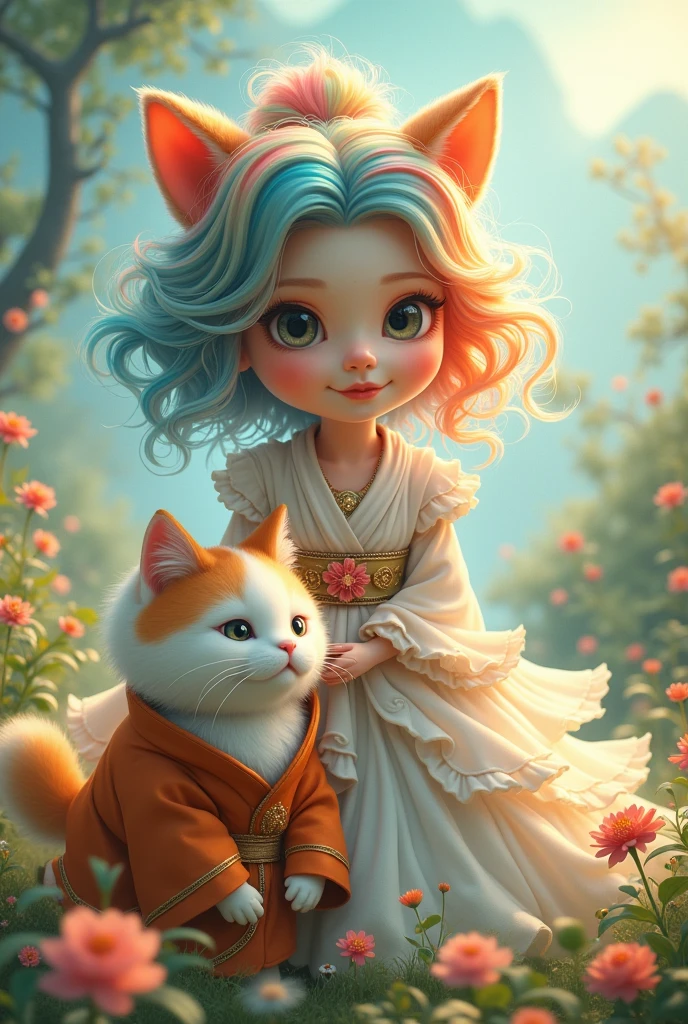 Rainbow haired in fluffy dress with a fat white and orange cat wearing daoist robe