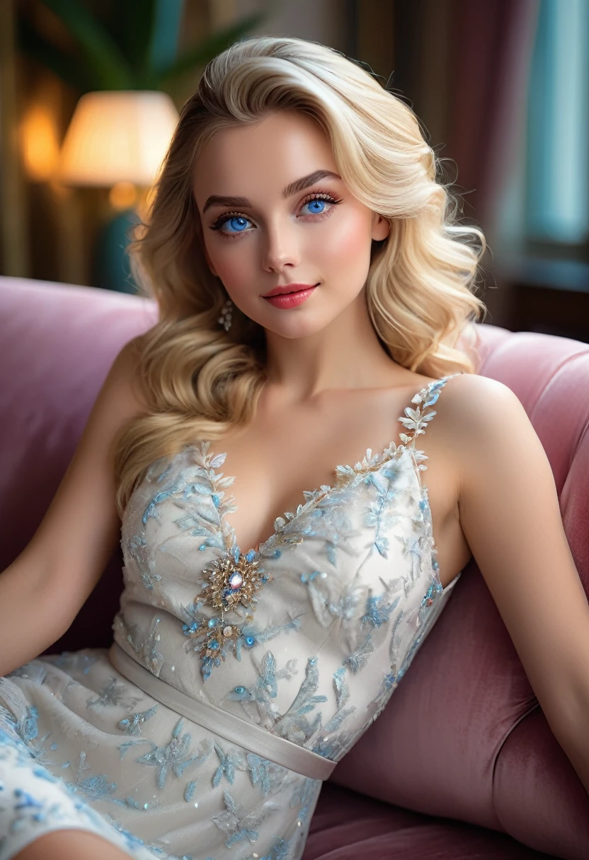 8K, RAW, best quality, masterpiece, ultra high res, colorful, portrait, (medium wide shot), (dynamic perspective), sharp focus, (depth of field, bokeh:1.3), extremely detailed eyes and face, beautiful detailed eyes. A captivating scene featuring a stunning blonde female character with blue eyes and slightly rosy lips reclining on a luxurious sofa. She is wearing an elegant white dress that accentuates her figure, lying in a provocative and seductive pose. Her expression is alluring, with a subtle smile and inviting eyes. The scene is set in a tastefully decorated room with soft, warm lighting that highlights the curves of her body and the delicate texture of the dress. The setting and her confident pose exude both sophistication and sensuality.