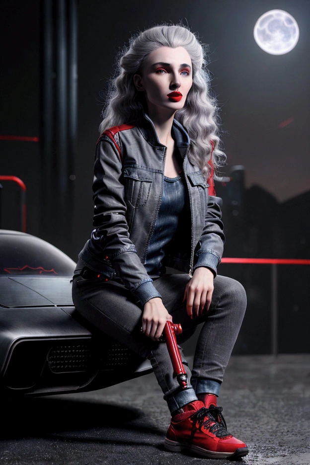 (science fiction fantasy), (masterpiece), (professional oil painting) (Best Quality), (8k resolution), (1 beautiful girl), ((pale gray skin)), (iron gray skin), ((denim clothing)),(Red jacket)), ((black t-shirt underneath), ((Red lipstick)), ((black sneakers)), (Conceptual art), small chest, (by the wide), (messy hair), (by white), (iron gray hair), ((with futuristic weapon)), (ammunition), ((night moonlight)), (sitting thinking))