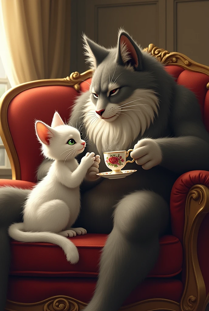 Snowbell, still sitting upright in her velvet chair, lifts a delicate, rose-patterned teacup filled with steaming tea. Her green eyes sparkle with a hint of mischief as she speaks to Maximus. Maximus, equally composed, holds his own teacup, his massive paw dwarfing the delicate china. The contrast between Snowbell’s refined elegance and Maximus’s powerful physique is evident, as their conversation remains polite but with an underlying tension.