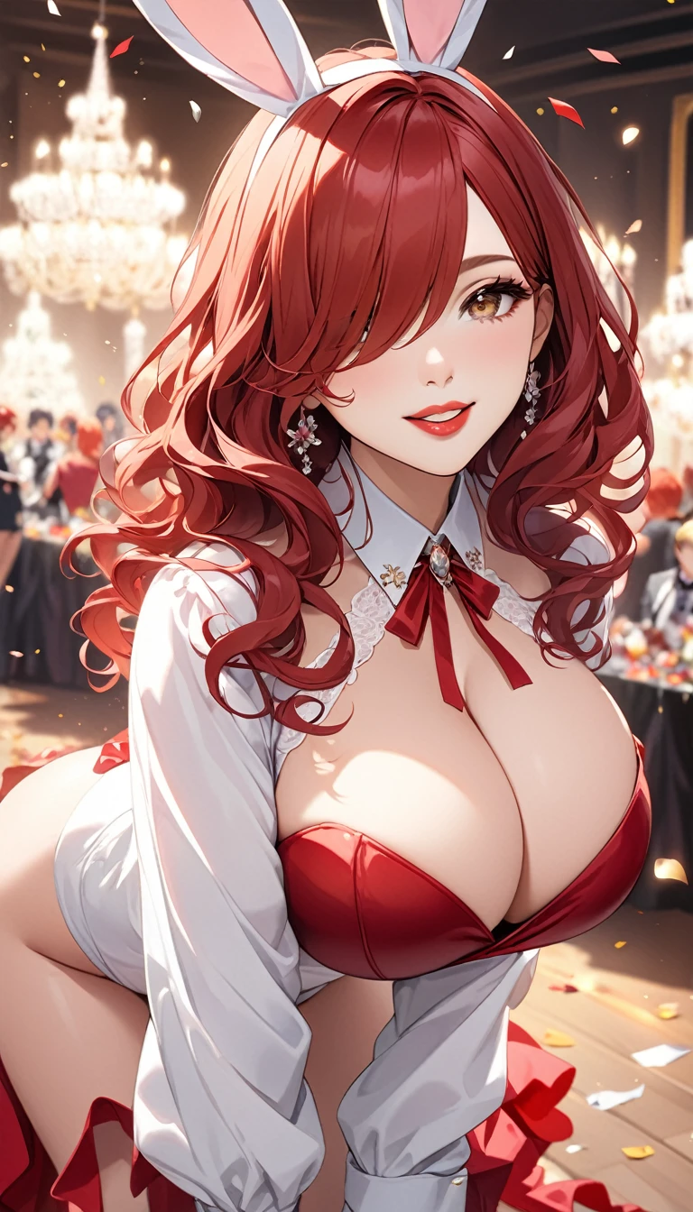 (((masterpiece))),(((High resolution)))、(((8K quality)))、(((Perfect Face)))、((Top quality eyes)), Anime Style、Too many bangs、Wavy Hair, Medium Hair, ((hair over one eye)), Redhead, Small eyes, Brown eyes, Beautiful Eyes、red and thick lips、、Big Ass、Seductianime woman, Cleavage、happyopen mouth, Bunny girl costume、from the front、Cowboy Shot, In a lavish party venue、Colorful cti、Holding a vibrant bouquet of roses、Celebrating viewers