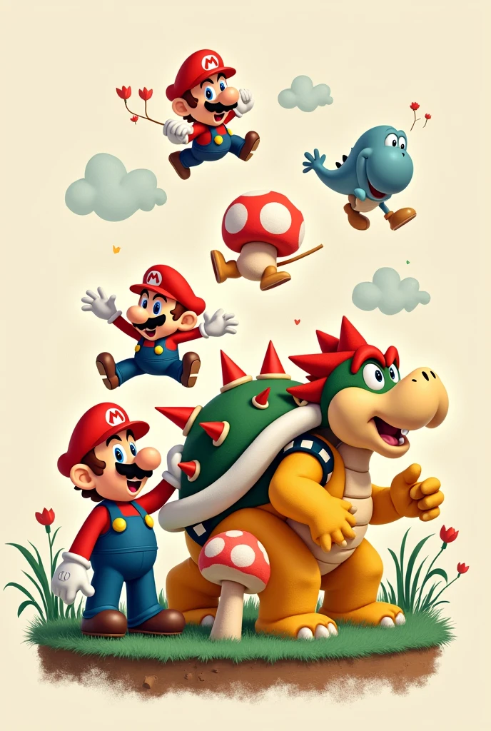 All Mario bros characters, abstract cartoon with not so many colors for children not realistic