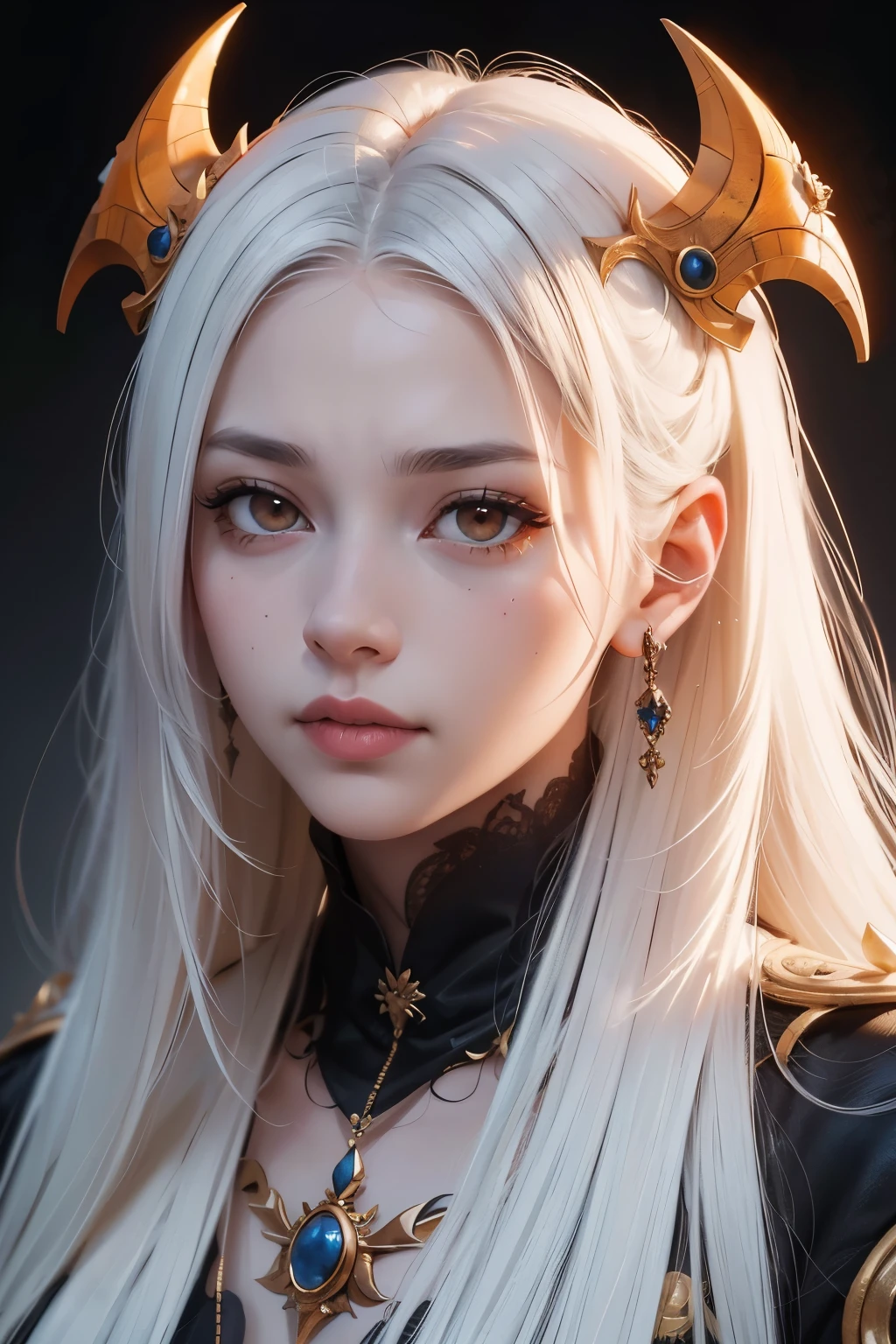 Isabella Part\(My Wife is the Demon King\), (Nonsense, (high resolution:1.18), intricate details, (masterpiece:1.1), (best quality:1.1), absurd) break (1 girl, alone, portrait, gray hair, orange eyes, long hair, detailed eyes), Read Description,