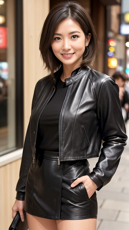 最high quality, 8k, Vibrant, Sharp focus, high quality, High resolution, Middle-aged women, Mature Woman, 55 years old, (Whole Body Ezbian), (High heels face detail, Highly detailed eyes, Plump figure、Plump face、((big 1.6))、(((Large Breasts)))、((Black leather clothing))、Busy Street、Random Hairstyles、A kind smile、(Leather Fashion、leather jacket、Leather skirt、boots、)、