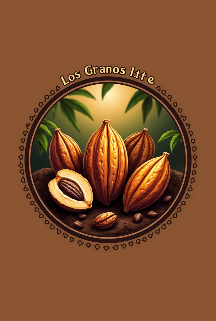 Create a logo for an artisanal chocolate shop with the name Los Granos de Oro where there are cocoa pods or cocoa seeds 