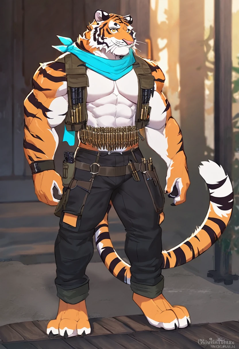 Tiger Claw is a mutant humanoid tiger with short orange and white fur striped with black, pink and black skin, yellow eyes, and a huge, muscular body. He has four fingers and three toes on each hand and foot, as well as black claws, white whiskers on his nose, and a docked tail, He's dressed in a cyan blue shirt with rolled-up sleeves, a brown shirt vest, a double chain bullet bandolier around his chest and torso, an azure scarf around his neck, a double chain bullet belt around his waist, and black pants with gun pouches on his thighs and belted bottoms that come to his ankles, extremely beautiful face, muscular body, tall, handsome, full height