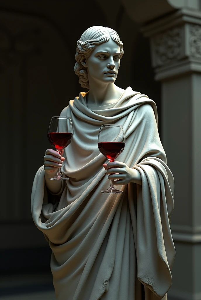 A glass of red wine held by a stoic statue at peace