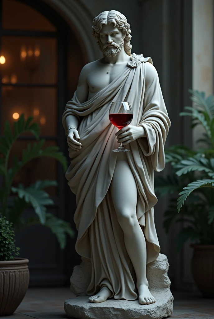 A glass of red wine held by a stoic statue at peace