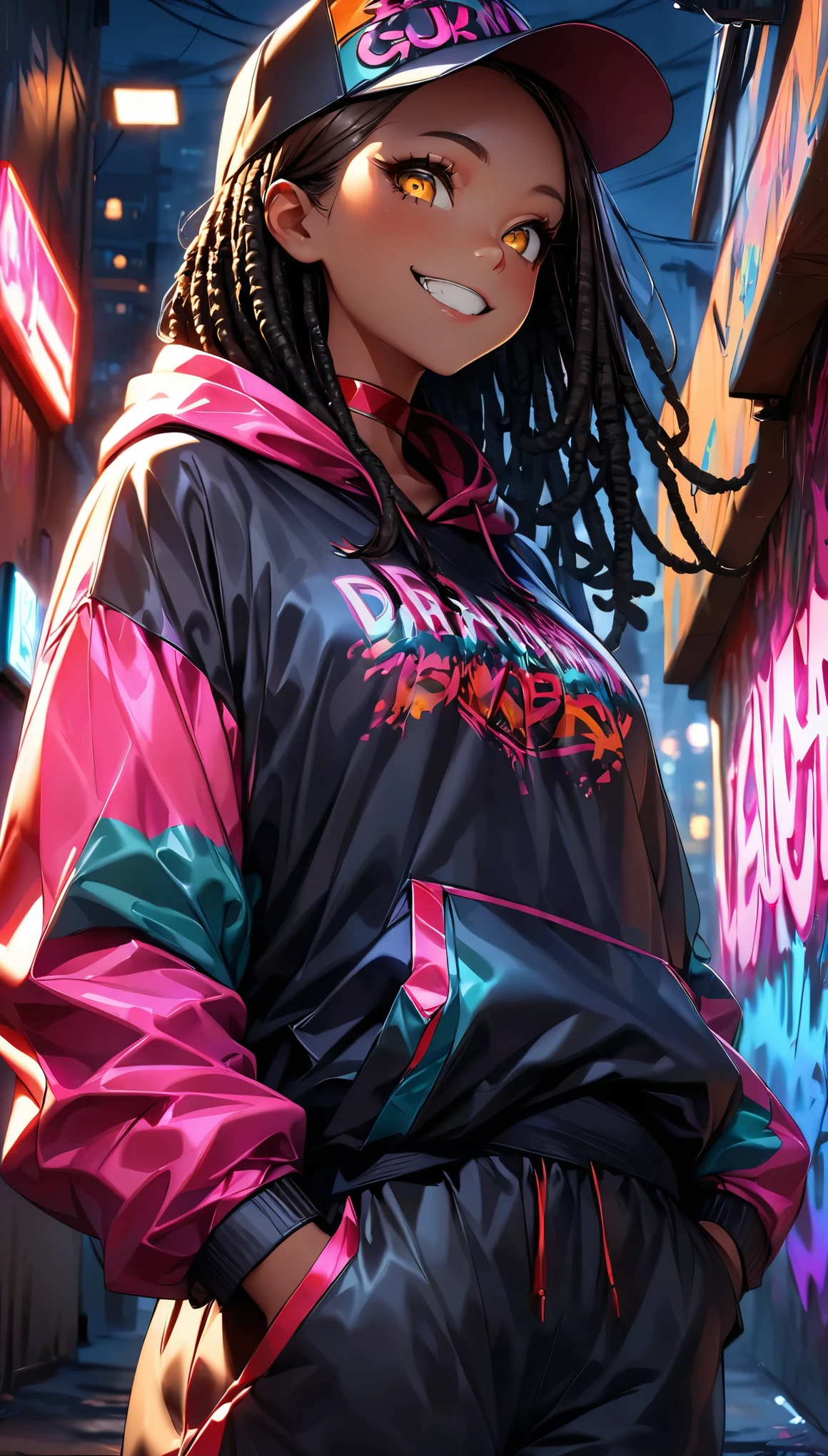 (Highest quality:1.2, Very detailed, up to date, Vibrant, Ultra-high resolution, High Contrast, masterpiece:1.2, Highest quality, Best aesthetics), (((1 person))), Dark brown hair girl, Golden Eyes, Dreadlocks, Wearing a cap, Wrapper Style:1.4, at night, Colorful hoodies, Black oversized cargo pants, Red choker, Painted walls. The background is a realistic dark slum. crazy smile, Dark Theme, Neon Light, graffiti, at night, city, Dim lighting, mysterious, Glowing Skin, Random Pause:1.2, Perfect Fingers, Five Fingers, Anatomically correct, Background Blur.