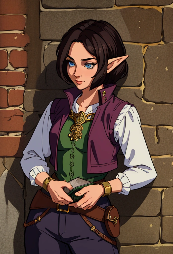 (Masterpiece, Best quality, Top quality, Intricate details, Beautiful, aesthetic:1.2), a drawing of a woman , medium shot, samdoesarts style, character art closeup, portrait of a dnd character, half elf woman, rpg book portrait beautiful woman, character portrait, 1 female elf, beautiful short dark hair, swashbuckler, rogue, dressed well, black trousers, baggy britches, and vest, a sickle hangs from her hip, daytime, crowded city streets, fantasy city, cobblestone streets,