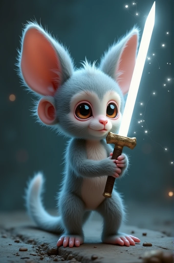A cute little monster half monkey half rabbit, have only 2 ears look like rabbit, stands with 2 legs, furry, grey furs, holds great lighting sword, no monkey ears