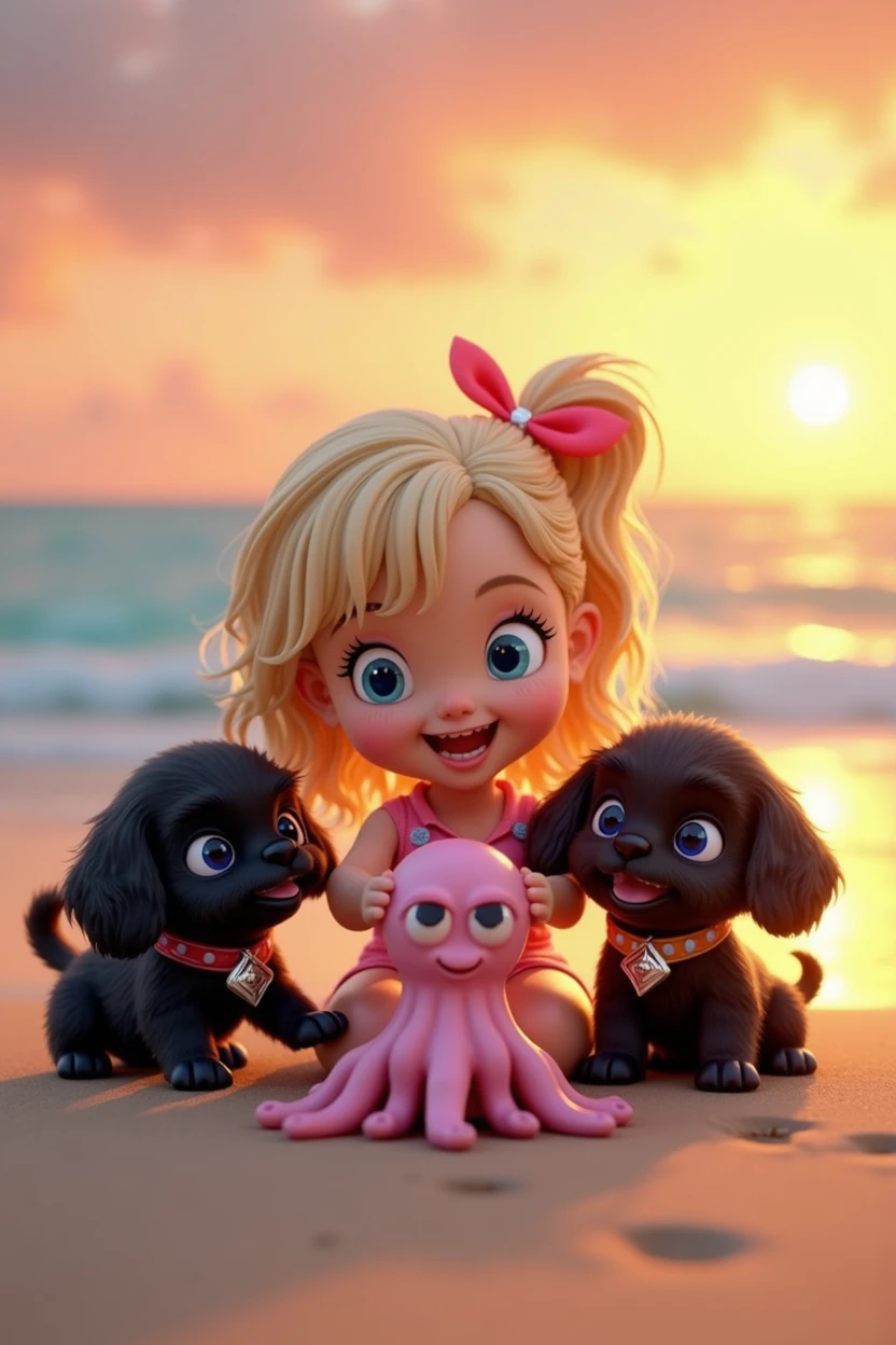 cute adorable 2 black shih tzu puppies, cute blonde girl, extremely detailed, big blue eyes, wearing colorful collar and bandana, playing with cute octopus, 3D Pixar style, at beach, sunrise in background, photorealistic, (best quality,8k,highres,masterpiece:1.2),ultra-detailed,(realistic:1.37),HDR,vivid colors,studio lighting