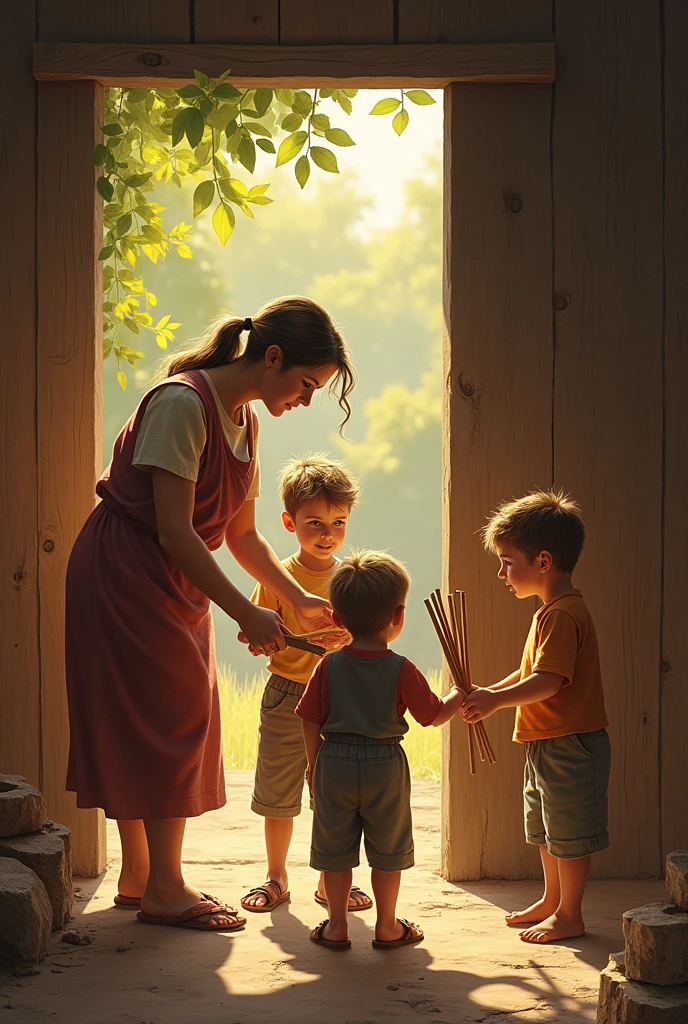 Stacy gathers a bundle of sticks and asks each ofher 3 sons to try and break it. They all struggle, but none of them can break the bundle.