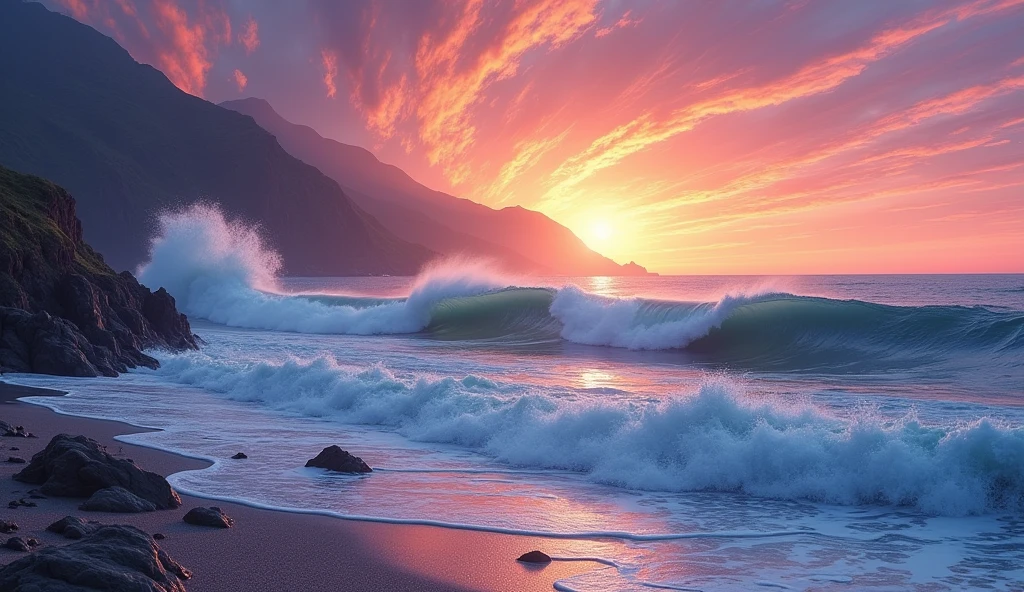 A highly detailed, surreal painting of a sunset seaside scene, waves crashing against the rocks, vibrant colors, sharp lines, magical background with many wavy, realistic light streaks, 8K resolution, masterpiece