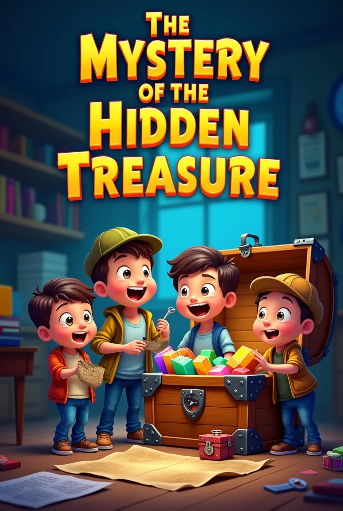 "A vibrant and adventurous thumbnail for a YouTube video titled 'The Mystery of the Hidden Treasure.' The image should feature four young boys in a school setting, each with an expression of excitement and curiosity. The boys are holding a treasure map and a key, standing in front of a large, old chest that is slightly open, revealing colorful books, puzzles, and games inside. The background should depict a dimly lit, mysterious classroom with shadows, emphasizing the treasure hunt theme. The title 'The Mystery of the Hidden Treasure' should be prominently displayed in bold, playful fonts at the top, with elements like a magnifying glass, treasure chest, or map integrated into the design. The overall style should be colorful, engaging, and appealing to children."