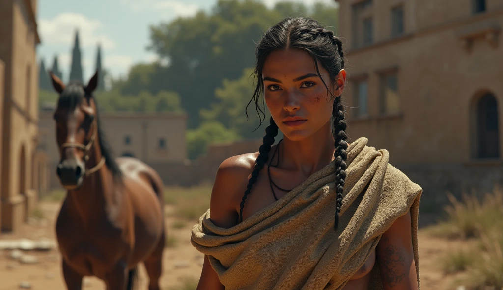 Arrest of a Roman slave, Slavic tribe , Working on a pig farm, 23 years, Exhausted from hard work, A mare worn out by forced labor, Tanned to black from dirt and sun, barefoot, Harapiento, Beautiful but exhausted face, Dirty hair, Somehow braided, In an old torn burlap that replaces his short tunic, Leaky and in ruins, High texture burlap, body, Italia rural, Cgsociety Of The Whole body, very detailed cg society, realistic 3d anime., CGsociety Artstation, Realistic 3d animated style, 3d animated style, Dawn CGSOCIEDAD, humanoid woman, CGsociety high definition, Cgsociety Uhd 4k with high details