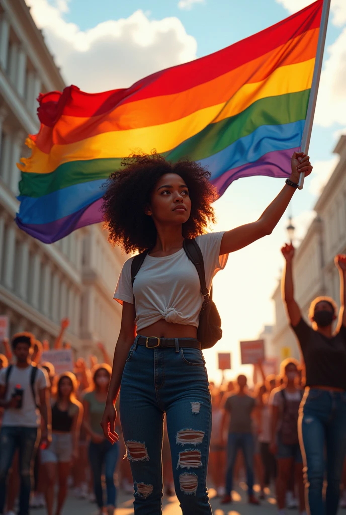 Create a real woman student, with big curly hair and light brown skin, she is in an activist movement holding the flag of the mixed-race people.