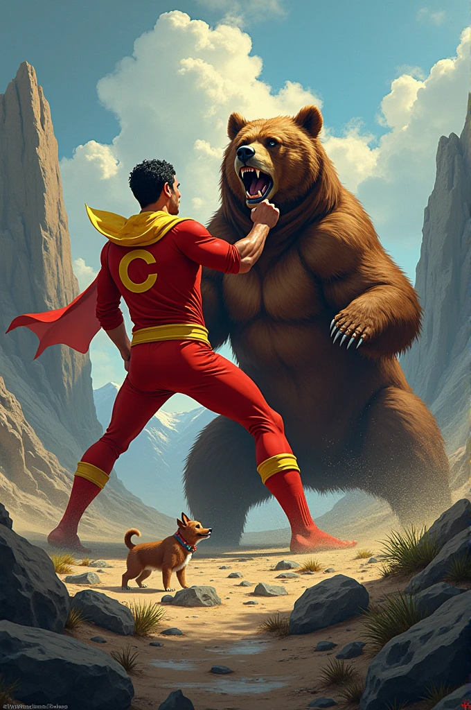 Generate an image of Chapolin defeating a bear in a battle, referencing a dog in an uptrend beating the bears in the cryptocurrency market