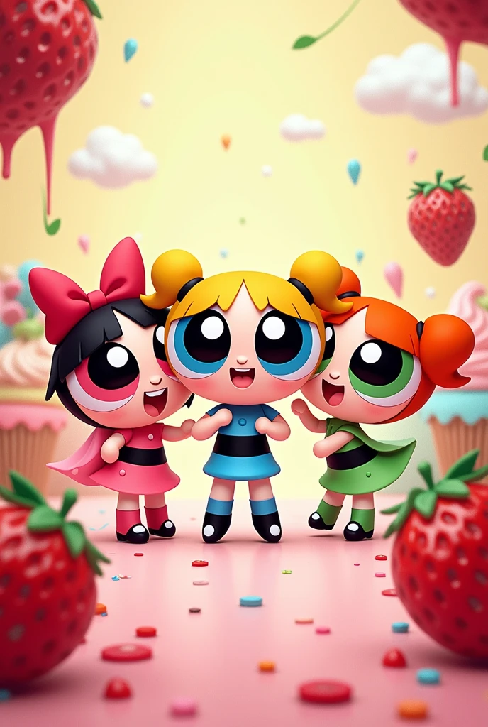 Create an image of the Powerpuff Girls dressed as Strawberry Shortcake.