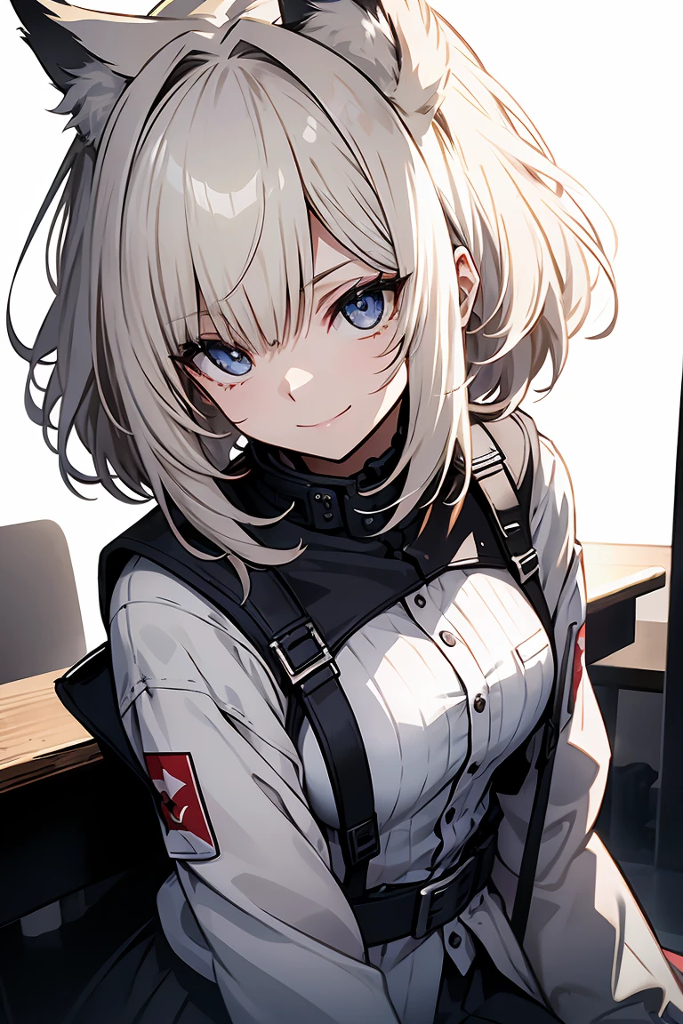 One Girl, whole body, White one-piece military uniform, (Tabletop:1.2, Highest quality), (Beautiful, detailed eyes: 1.2), (Beautifully detailed face), High Contrast, (Best lighting, Very delicate and beautiful), ((Cinematic Light)), Dramatic Light, very orange eyes, Flat Chest, Belt under the chest, White military uniform, White Skirt,Blonde, Black tie, (Pale white background:1.5), Wolf Cut Hair, Look at me and smile,