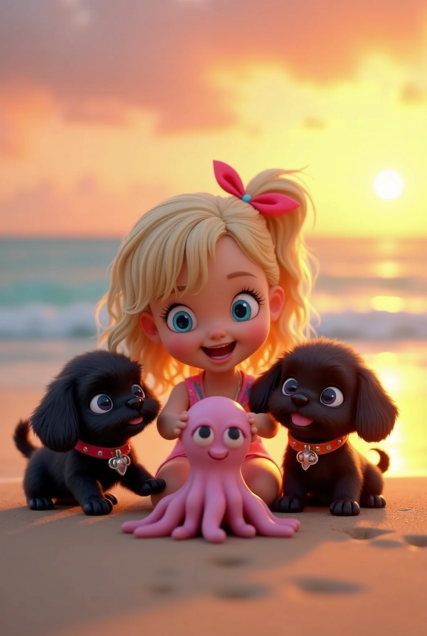 cute adorable 2 black shih tzu puppies, cute blonde girl, extremely detailed, big blue eyes, wearing colorful collar and bandana, playing with cute octopus, 3D Pixar style, at beach, sunrise in background, photorealistic, (best quality,8k,highres,masterpiece:1.2),ultra-detailed,(realistic:1.37),HDR,vivid colors,studio lighting