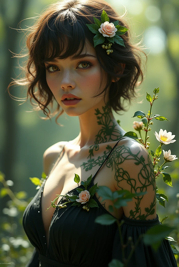 The goddess of nature that have a short brown hair pair with her different eye colors the right eye is brown while the other are pure white, with a black dress pair with the flowers leaves and scars on her tanned skin, with a scary monsterus look but beautiful 