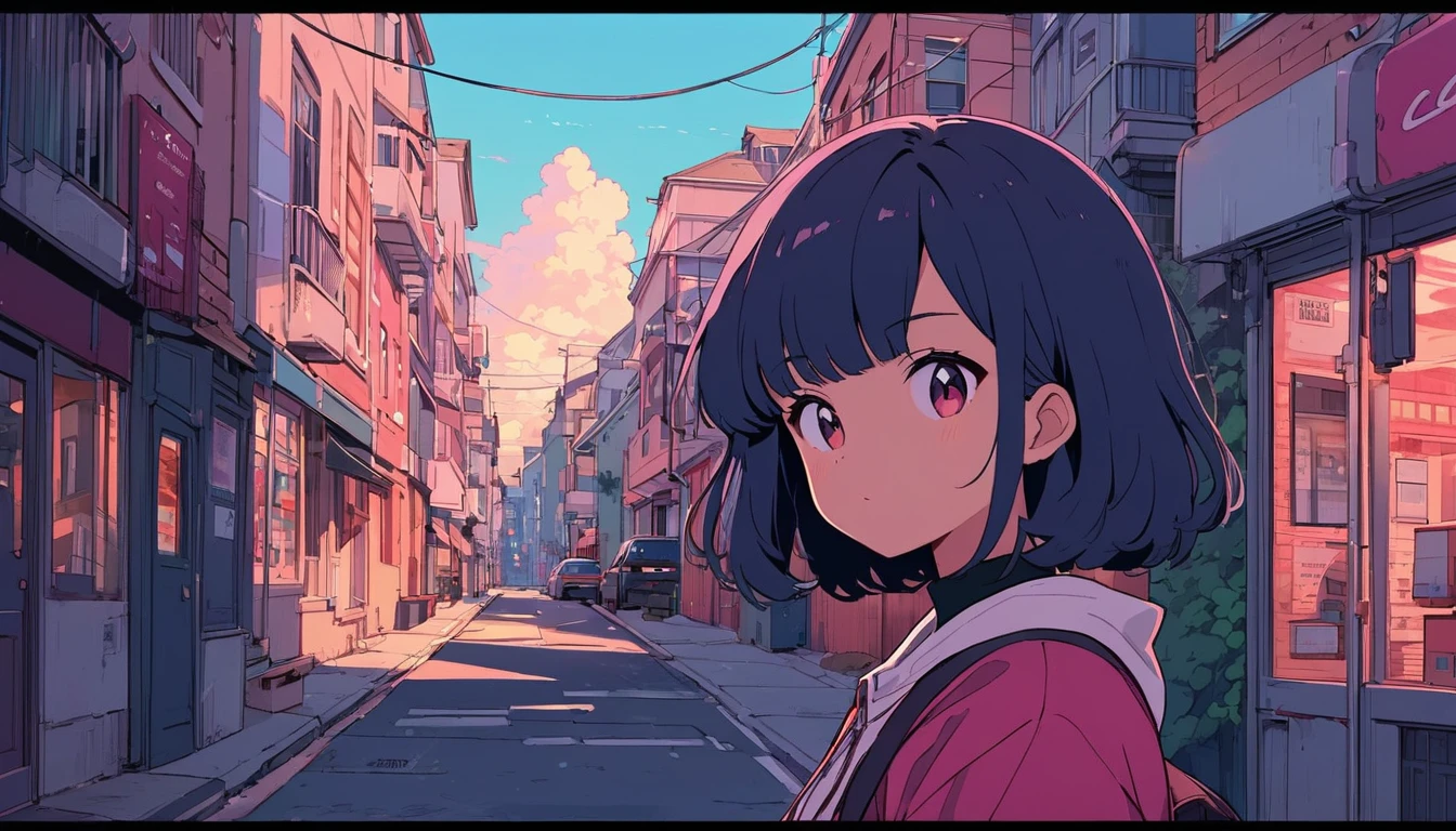 alone, lofi girl, lofi artstyle, lofi art, city, town, Anime Girl, 80s anime style, Retro, Lo-Fi, masterpiece, best quality, (extremely detailed CG unity 8k wallpaper), (best quality), (best illustration), (best shadow), absurdres, realistic lighting, (Abyss), beautiful detailed glow, art by PeterMohrBacher,