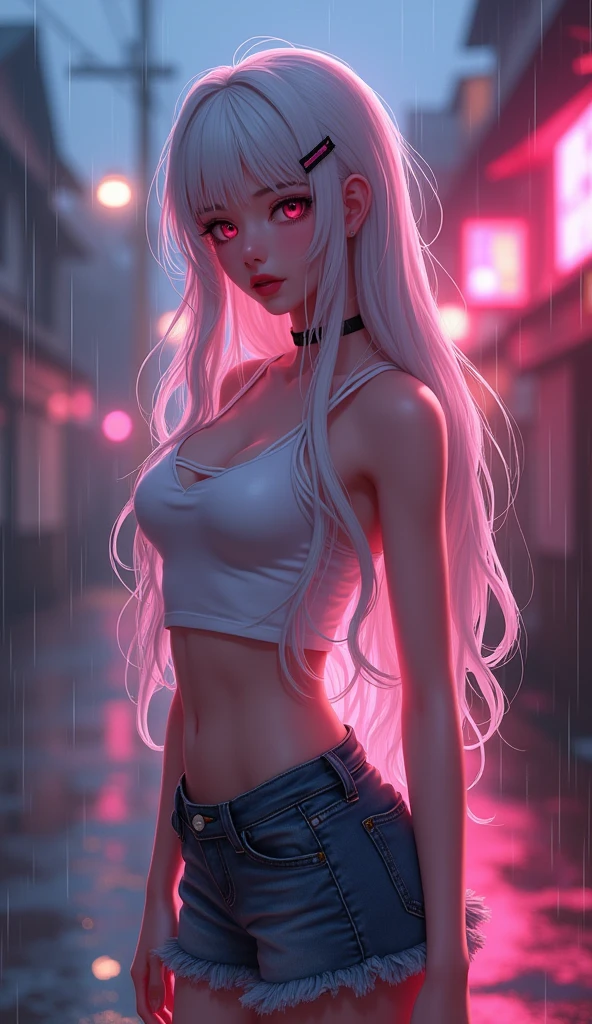 photorealistic,Realistic illustration in Modelshoot style,((masterpiece)),((The best quality)),((Ultra Quality)),((ultra detailed)),((1girl long white hair)),((Only)),((waifu:1.5)),Perfect anatomy,perfect hands,beautiful cuerpo,beautiful_method,ulzzang-6500-v1,e-chica,Exceptionally Beauty 17-year-old Waifu Perfect body beauty: 1.4, Slim abs: 1.1, ((Red hair, Milk: 1.3)), cowgirl pose, (Outdoor, daytime: 1.1), Country street, Super fine face, fine eyes, double eyelids, curly hair, fair skin, Big breasts, random color clothes, HDR, epic realism, high-octane rendering, obra de arte,,((bright-pink_eyes)),long wavy hair,hair clips,eyeliner,cute makeup,lipstick,Glossy lipstick,with a look of terror, worry and sadness,((eyes detallados perfectos)),rainy with fog outside,evening,pink theme,bioluminiscencia,light particles,((Extremely CG Unity 8K Wallpaper)),((cinematic lighting,Best quality lights)),intricate details,Suave,sharp focus,Extremely beautiful and aesthetic,Octane rendering,Full length portrait,damp skin,((Perfect detailed body)),
